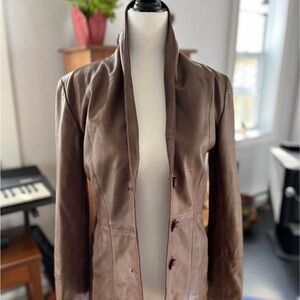 Brown Leather Jacket with Suede Texture and Tailored Fit